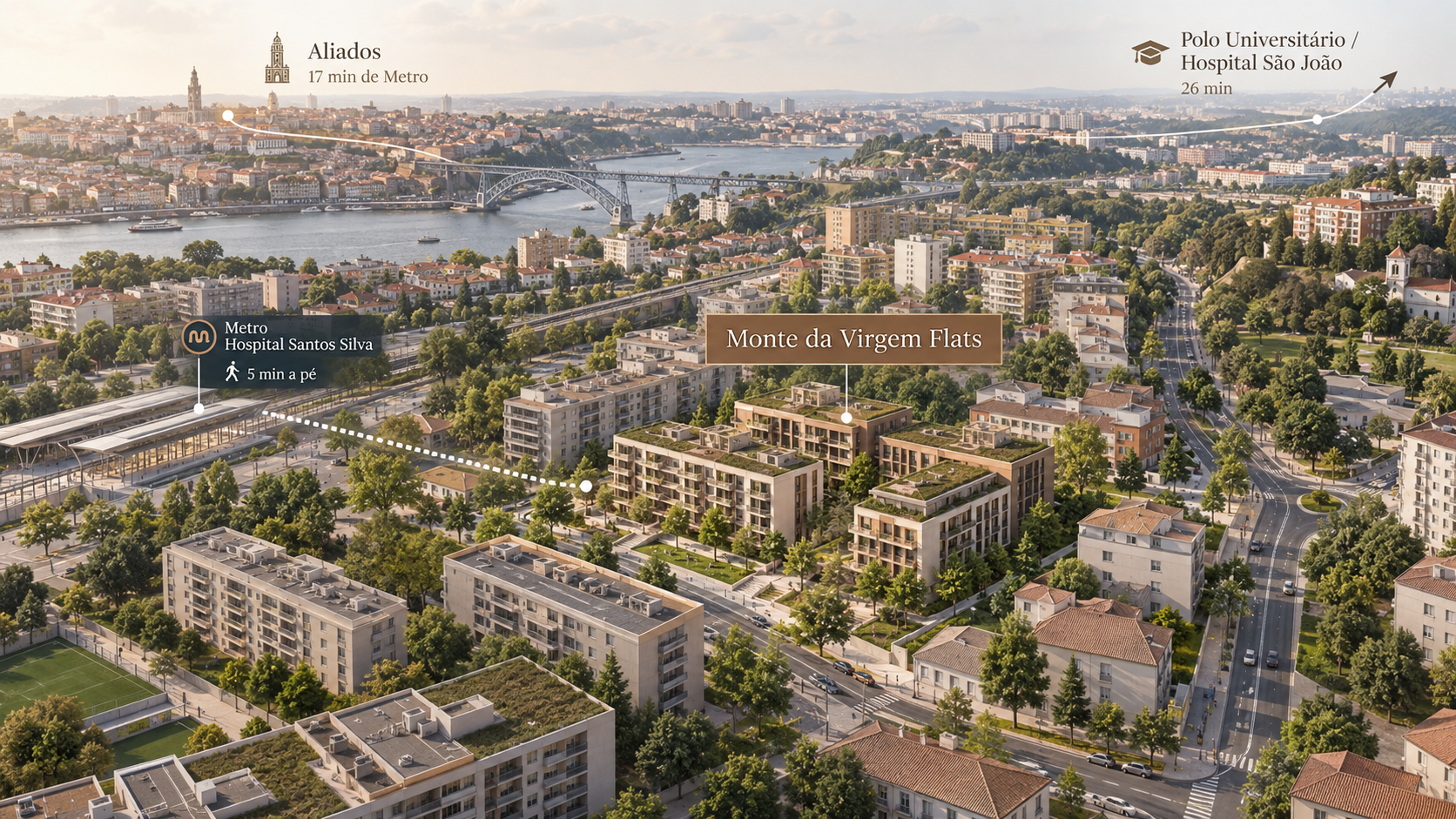 Monte da Virgem Flats, Metro Hospital Santos Silva, Aliados e Polo Universitário numa vista aérea de Gaia e Porto